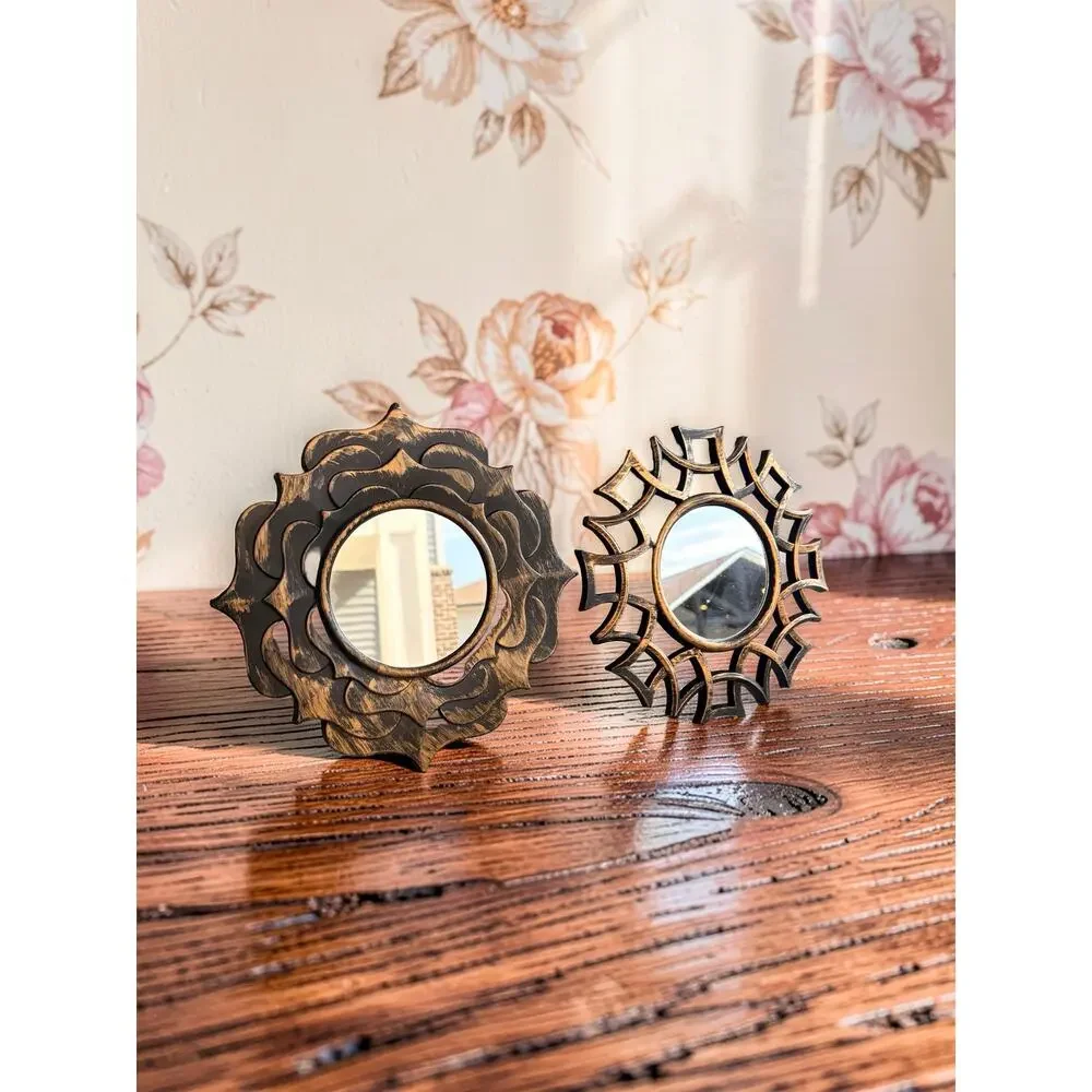 Set of 2 Black Gold Sunburst Accent Mirrors 9” Round Decorative Wall Mirrors